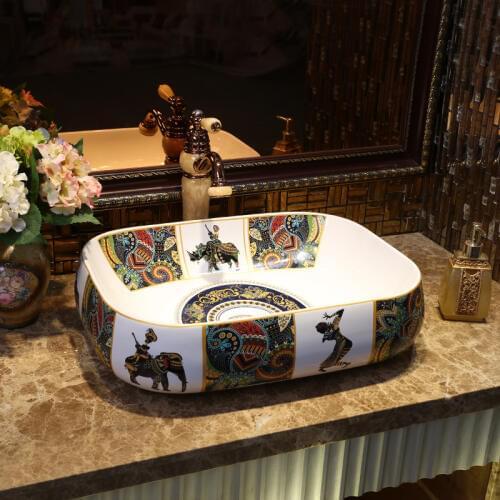 Rectangular Artistic Procelain Europe Vintage Style Art wash basin Ceramic Counter Top Wash Basin horse Bathroom Sinks vessel