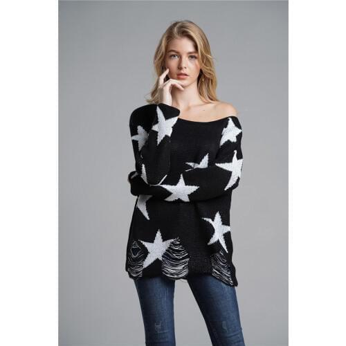 Autumn and winter pullover loose sweater womens Office lady commuter sweater long sleeve O-neck star sweaters