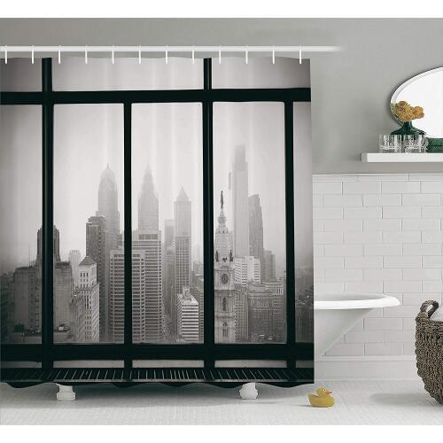 USA Shower Curtain Philadelphia City Rooftop Window View Skyline Landmark Rooftop Travel Cityscape Artsy Print Bathroom