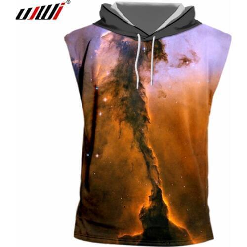 UJWI 2018 Summer Tops Men 3d Print Galaxy Space T-shirts Man Undershirts With Hood Homme O Neck Long Drawstring Sleeveless Hoody