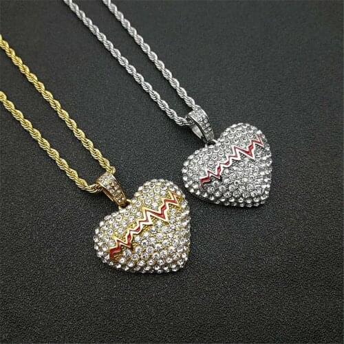 Iced Out Bling Broken Heart Pendants With Chain Stainless Steel Rhinestone Gold Color Mens Hip Hop Street Jewelry Dropshipping