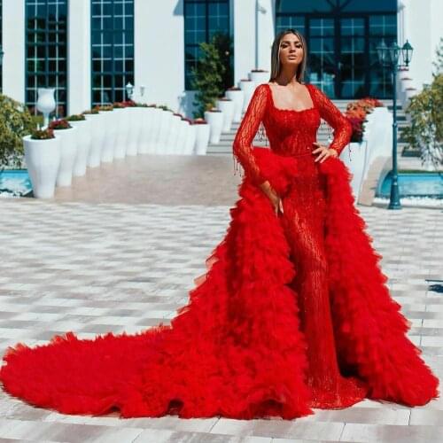 Gorgeous Red Evening Dress Mermaid Long Sleeves 2021 Lace Beads with Ruffle Train Dubai Arabic Women Formal Evening Gowns