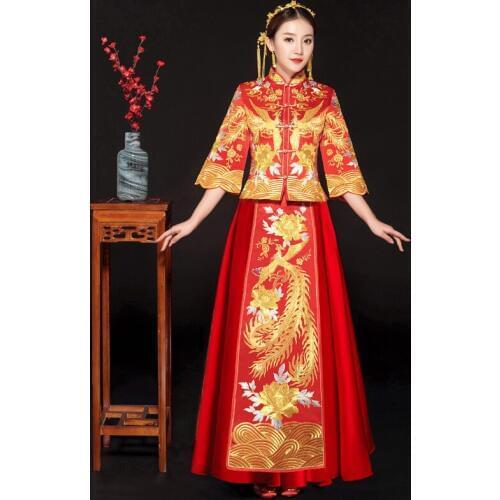 Oriental Asian Bride beauty Chinese traditional Wedding Dress Women Red Floral Embroidery Cheongsam Robe Long Party Qipao style
