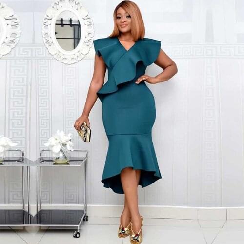 Plus Size Women Clothing African Clothes Blue Mermaid Midi Dress Summer Ruffles Irregular Party African Dresses For Women 2021