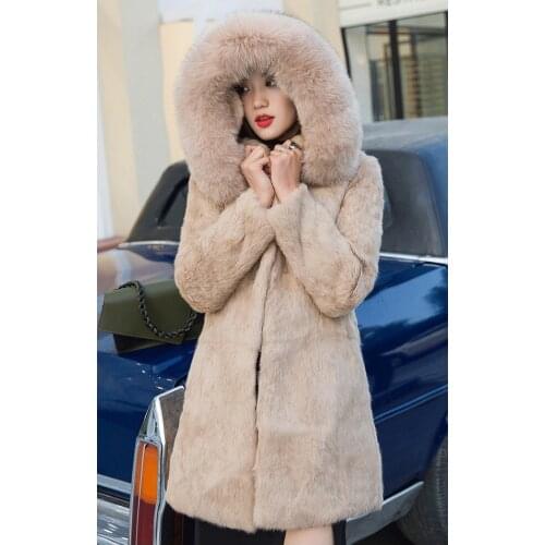 New luxury womens Real genuine natural rabbit fur coat with fox fur hood girls fashion jacket outwear