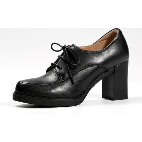 MORDOAN Genuine Cow Leather Hight-Heel Shoes Round Toe British style Lady Shoes 2021 Autumn Lace-up Oxford Shoes For Women