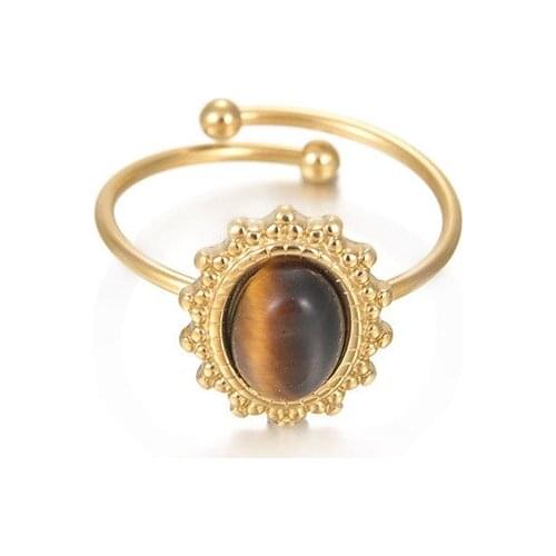 Stainless Steel Sun Flower Rings For Women Statement Brown Oval Stone Open Adjustable Finger Ring 2021 Trend Vintage Jewelry