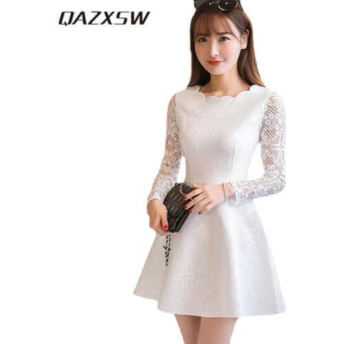 QAZXSW Spring Autumn Women A-Line Solid Dress Full Sleeve Lace Mini Dress O-Neck Dresses Empire Vestido Dress YX193