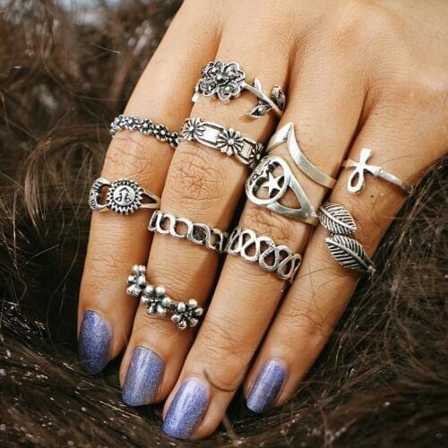 Hollow Moon Sun Star Mix Finger Midi Rings Set Gold Color Knuckle Ring for Women Vintage Boho Steampunk Retro Pattern Jewelry