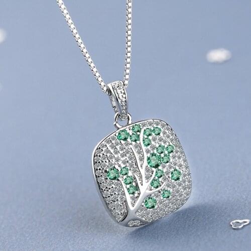 Fanqieliu Vintage Tree Solid 925 Sterling Silver Necklace For Girl Green Crystal Jewelry Pendant Necklaces Women FQL21235
