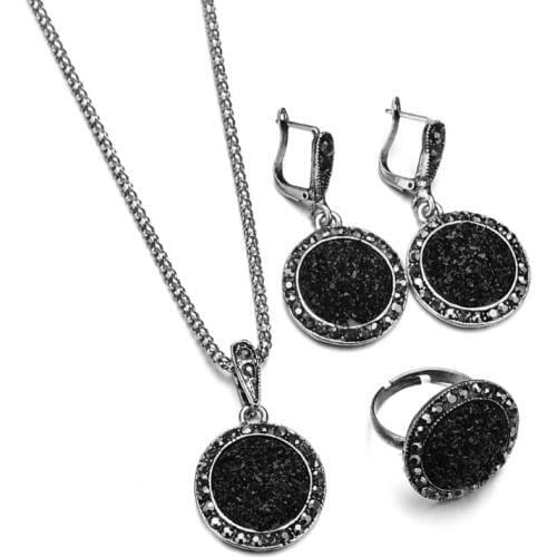 1 Set Black Round Rhinestone Necklace Earrings Ring Wedding Jewelry Sets Women A0NF