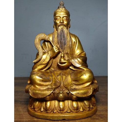 10"Tibet Buddhism Temple Old Bronze Gilt Taishang Laojun statue Taoist Patriarch Taiqing moral god Enshrine the Buddha