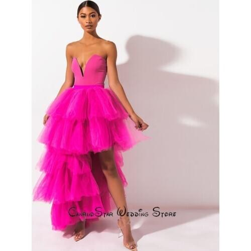 2020 Sweet Fashion Fuschia Layered Satin and Tulle Hi-Lo Party Dresses for Evening Custom Made Zipper Back Formal Dress vestidos