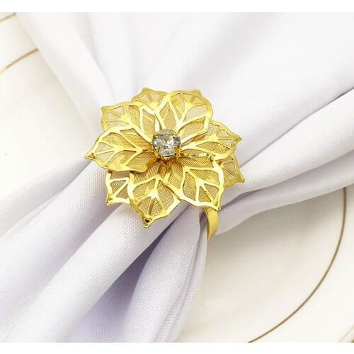 6PCS Flower Design Napkin Rings Metal Gold Napkin Buckle Napkin Ring Holder Hotel Restaurant Wedding Party West Dinner Table