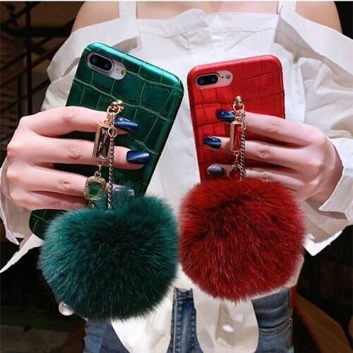 Dower Me Diamond Crystal Hand Chain With Real Fox Fur Ball Pendant PU Crocodile Case Cover For iPhone XS Max XR X 8 7 6 6S Plus