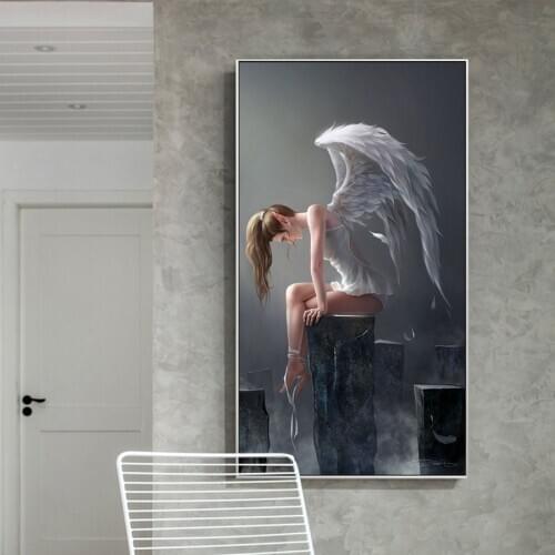 MUTU Angel Wings Black And White Anime Print And Poster Canvas Painting Wall Art Picture for Living Room Home Decor No Frame