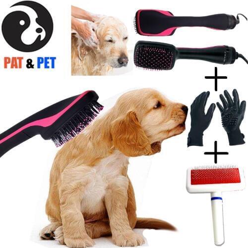 Pet Hair Dryer , 2 in 1 Portable Home Pet Grooming Hair Dryer with Slicker Brush, with Massage Gloves & Grooming Brush