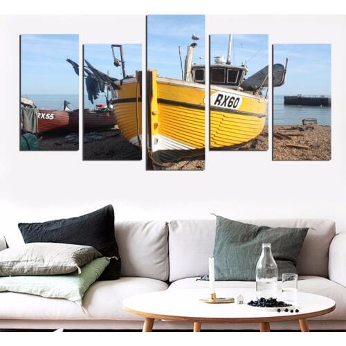 Canvas painter living decorative wall no. 5 panel boat sunset seascape painting, high definition printed posters FA624