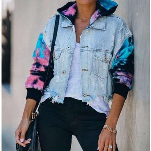 Loose Fit Blue Denim Jeans Jackets Women Big Size Hoodies Coat Fashion Hollow Out Tie Dye Long Sleeve Autumn Denim Jacket 3XL