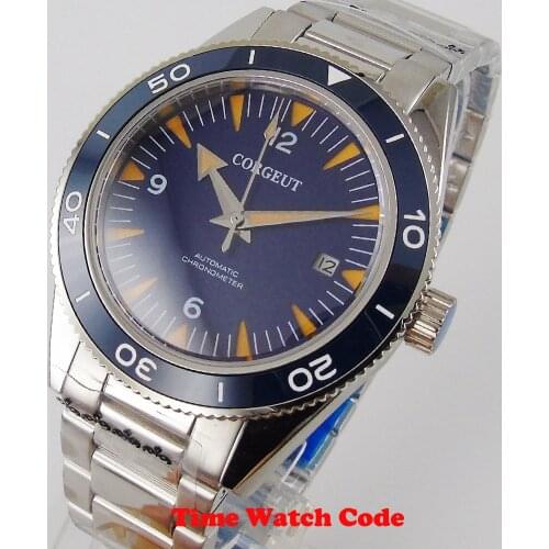 41mm Corgeut Japan Miyota 8215 Automatic Movement Mens Watch Date Blue Dial Bracelet Sapphire Glass Ceramic Rotating Bezel