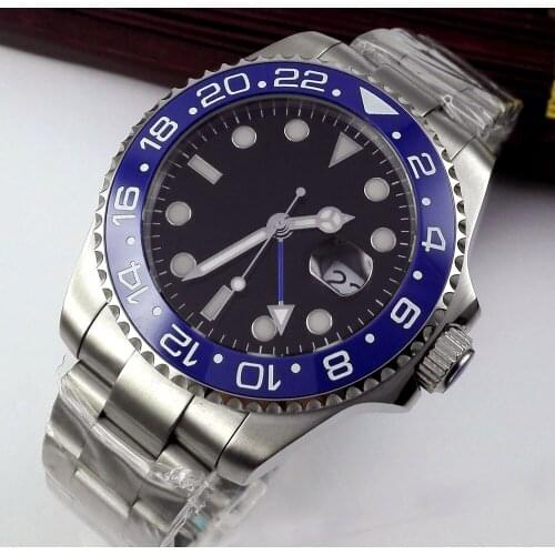40MM Sterile Black Dial Sapphire Glass Date Luminous Blue Ceramic Bezel Steel Bracelet GMT Automatic Movement Mens Watch