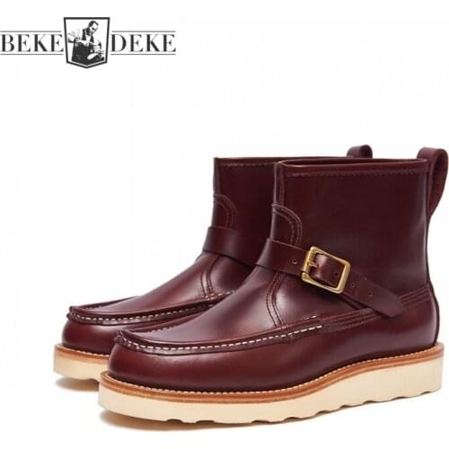 Mens Work Boots Genuine Leather High Top Shoes Fashion Buckle Platform Ankle Boots High Quality Retro Bikers Boots Plus Size 45