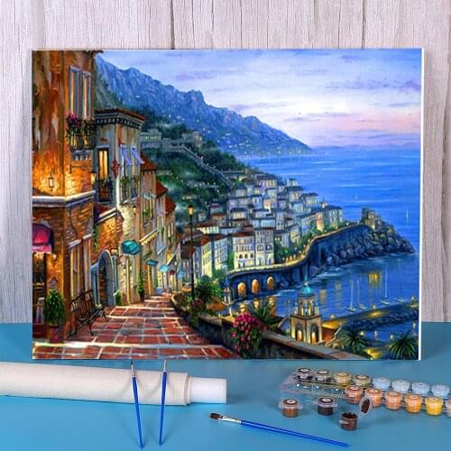 Landscape Town Seaside Paint By Numbers Complete Kit Oil Paints 50*70 Canvas Pictures New Design Children Handiwork Drawing