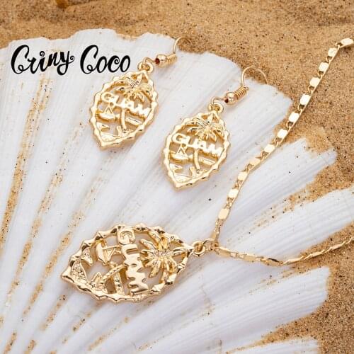 Cring Coco Hawaiian Coconut Tree Earrings Necklace Set Polynesian Summer Gold Plated Jewelry Sets for Women Party Girls Gifts