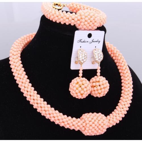 African jewelry Sets Beads Light Orange Pink Nigerian Bridal Jewellery Set One Layer Balls Indian Necklace Set For Women 2018