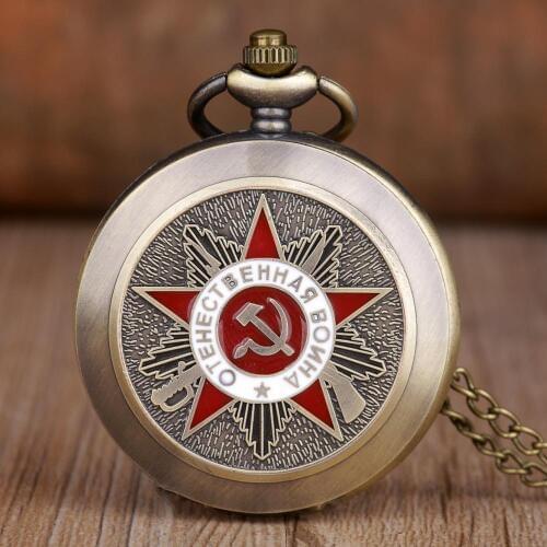 Retro CCCP Russia Soviet Union Russian Flag Hammer Badges Sickle Pocket Watch Hook Design USSR Necklace Pendant for Men Women