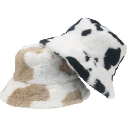 New Bucket Hat Streetwear Hip Hop Cow Print Hats for Women Fur Plush Keep Warm Outdoor Bucket Hat Women gorro pescador gorras