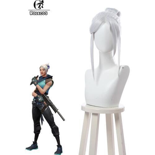 ROLECOS Game Valorant Cosplay Wig Jett Women Wig Hair 40cm Silvery White Cosplay Wigs Halloween Party Synthetic Hair