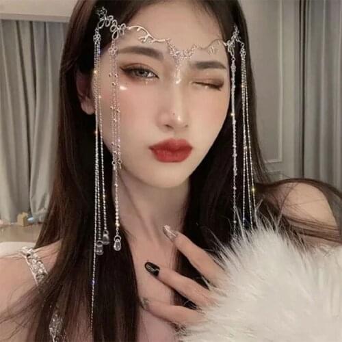 Handmade Han Chinese Clothing Hair Accessories Shinny Vintage Crystal Waterdrop Long Tassel Metal Hairband for Womens