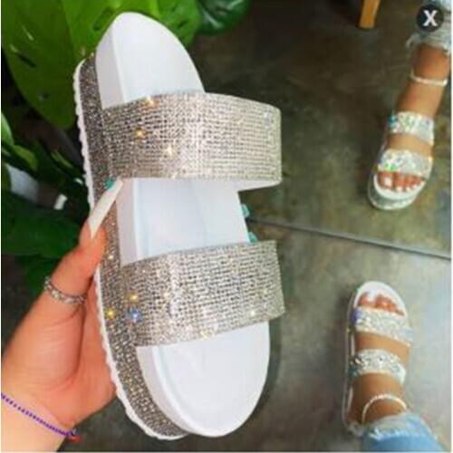 Rhinestone Slippers Women 2020 Woman Crystal Slides Platform Slippers Chunrry Shoes Rainbow Shiny Diamond Large Size New