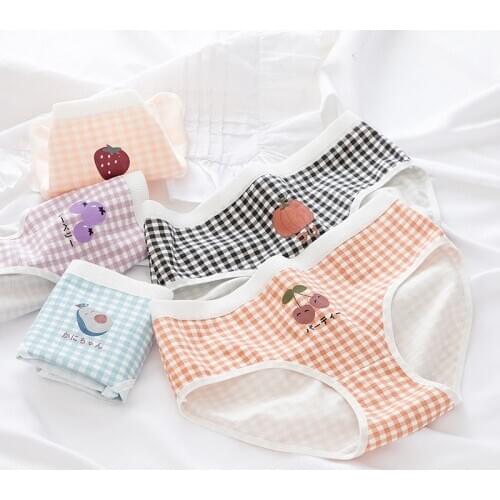 Womens Cotton Panties Cute Girls Briefs Breathable Comfort Underpants Fruits Print Female Underwear Plaid Shorts NK100