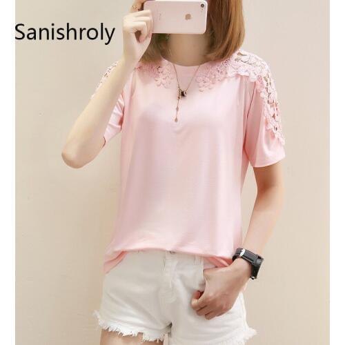 Sanishroly 2018 Women Summer T-Shirts Tees Floral Lace Hollow Out T Shirt Female White Short Sleeve Casual T Shirts Tops SE052