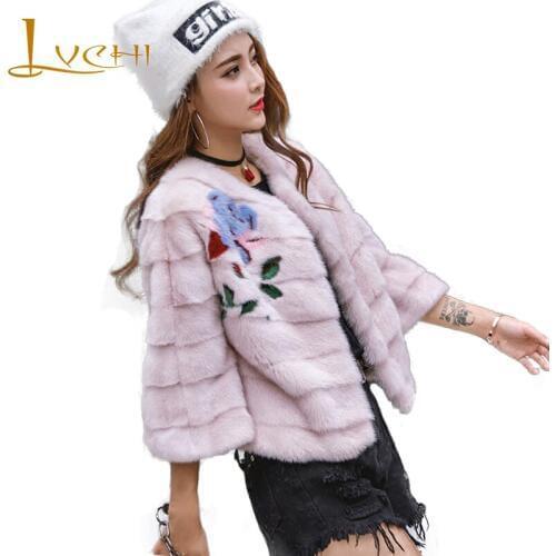 LVCHI 2019 Winter Womens Jacket Real Fur Coats Short O-Neck mink Shawl Cloak jacket Leather Embroidery Print Mink Fur Coats
