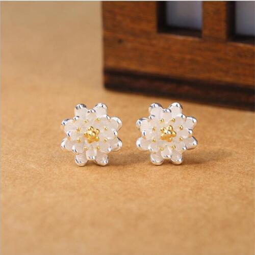 New Ethnic Style 925 Sterling Silver Jewelry Beautiful Lotus Flower Hand-made Hypoallergenic Simple Women Stud Earrings SE777