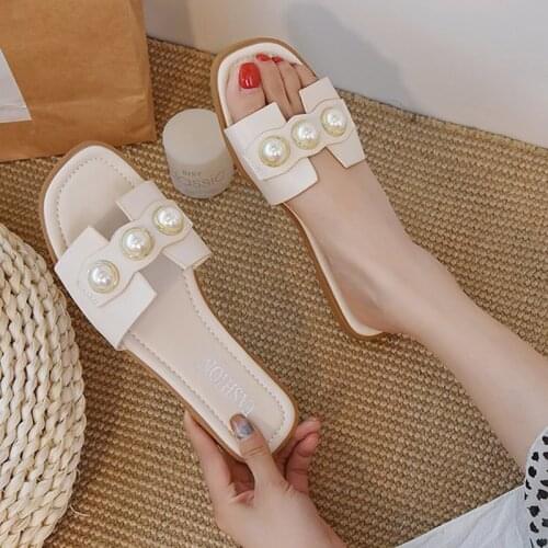 Women Slippers Fashion Pearl Design Elegant Flat Shoes 2021 Sell Well Korean Version Beige Low Heel Ladies Flip Flop Casual