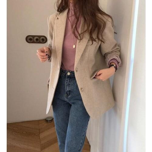 Turn-down Winter Wool Thicken tweed Women blazers Female 2019 Office Ladies Streetwear Casual Thin Blazer Women Loose Coat S0196