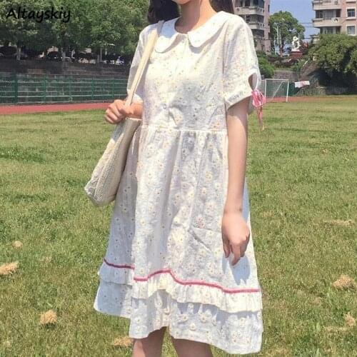 Dress Women Preppy Sweet Loose Peter Pan Collar Cute Japanese Style Fresh Holiday Summer Mujer Floral Simple Summer New Popular