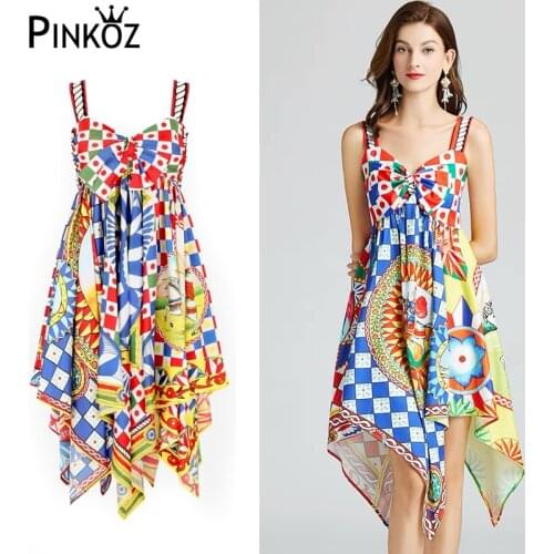 Pinkoz women mini beach dress spaghetti strap Carriage print asymmetrical summer vocation party sexy casual dresses robe vintage