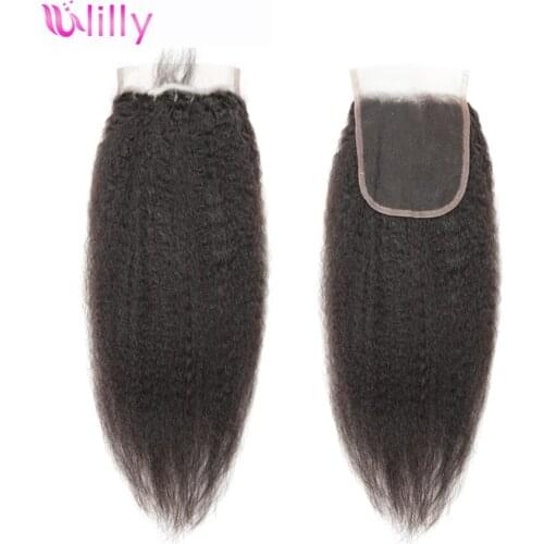 14-20 Inches Kinky Straight 4x4 Lace Closure Only Pre Plucked 100% Brazilian Remy Human Hair Yaki Straight Swiss Lace Closure