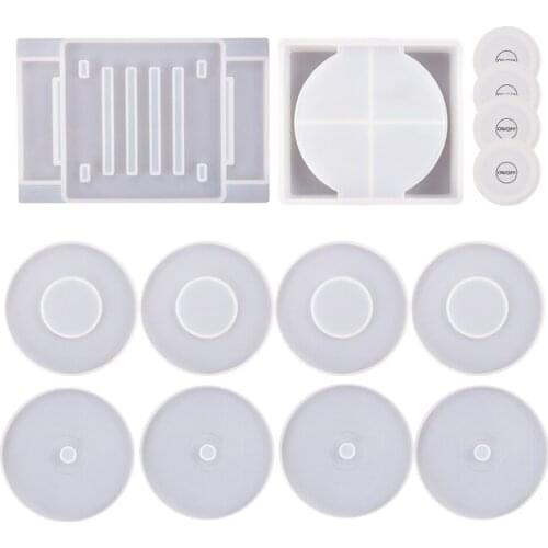 14Pcs/set New DIY Crystal Epoxy Resin Mold Luminous Coaster Cover Box Mirror Silicone Mold for Resin Tea Coaster Disc Mold Craft