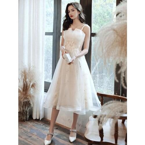 2020 New Fashion Women Evening Dress Spaghetti Strap Formal Dress Champagne Banquet Party Dress Sequins Beaded Flower