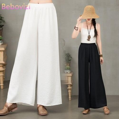2021 Oriental Fashion Black White Cotton Linen Loose Wide-leg Kung Fu Pants for Women Casual Yoga Bottoms Traditional Chinese