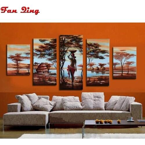 Diamond painting African style, sexy woman lake, tree, thatched cottage, cross-stitch full rhinestone diamond embroidery 5 pcs