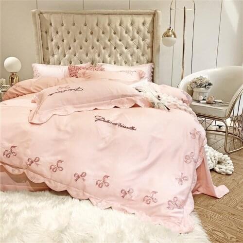 White Lace Edge Floral Duvet cover set Princess style Bedding Soft Tencel silk King Queen 4pcs size Bed sheet set