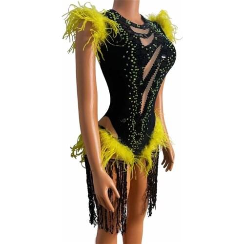 Shining Big Crystals Mesh Sexy Bodysuit Black Sequin Fringe Yellow Rhinestone Feather Bodysuit Women Nightclub Party Wear Costum
