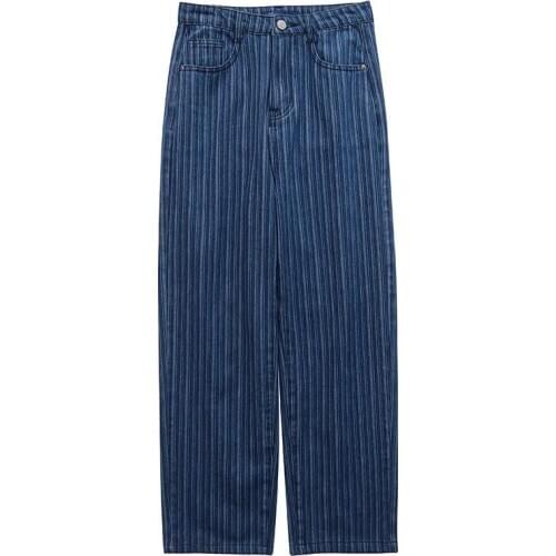 Large Vertical Stripe High Waist Jeans Womens Autumn New Korean Retro Slim 200 Jin Straight Tube Loose Pants